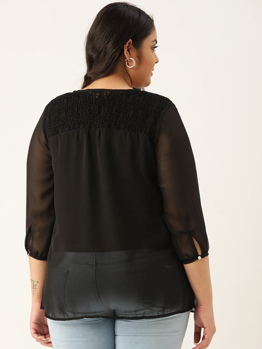 Plus Size Women's Georgette Smocked Top with Curved Hem