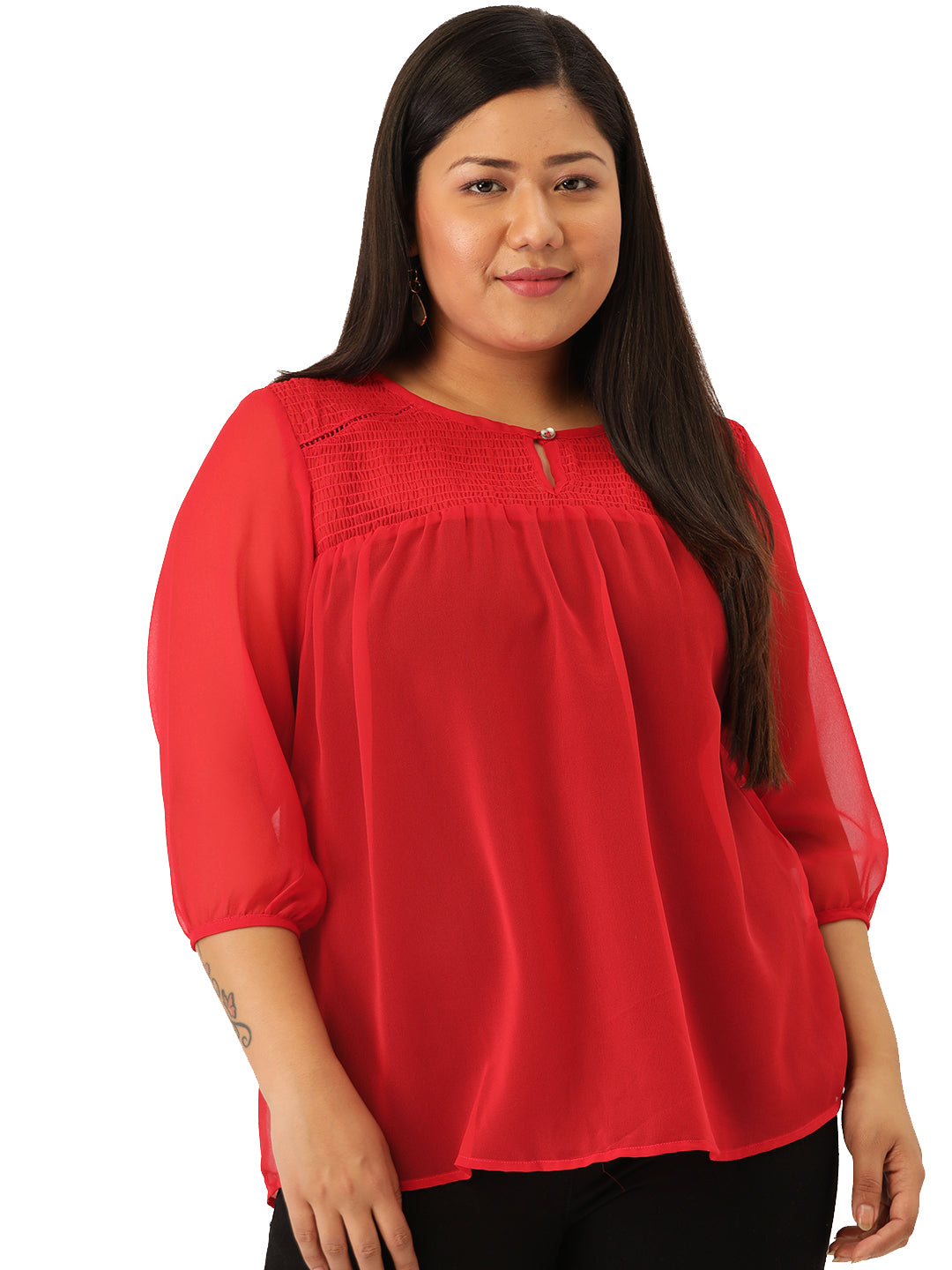 Plus Size Women's Georgette Smocked Top with Curved Hem