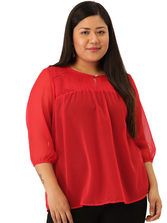 Plus Size Women's Georgette Smocked Top with Curved Hem