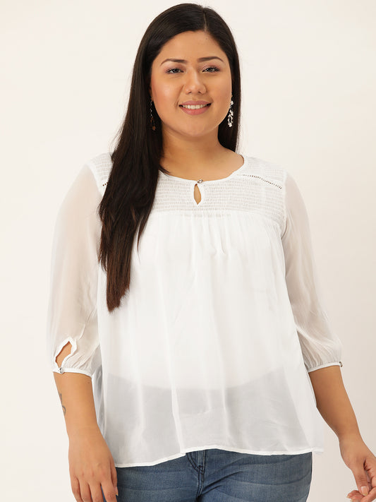 Plus Size Women's Georgette Smocked Top with Curved Hem