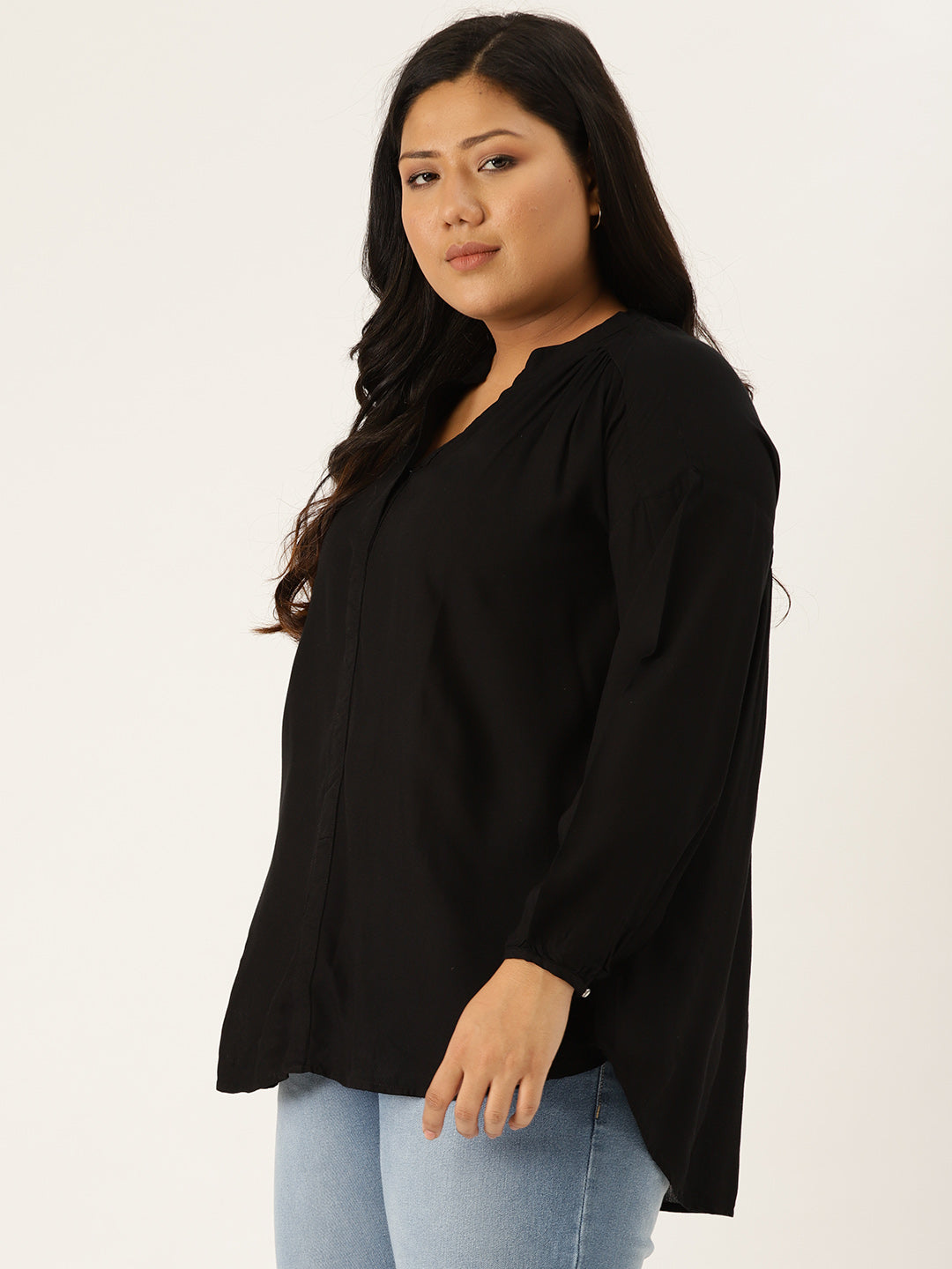 Plus Size Solid Color Gather Top