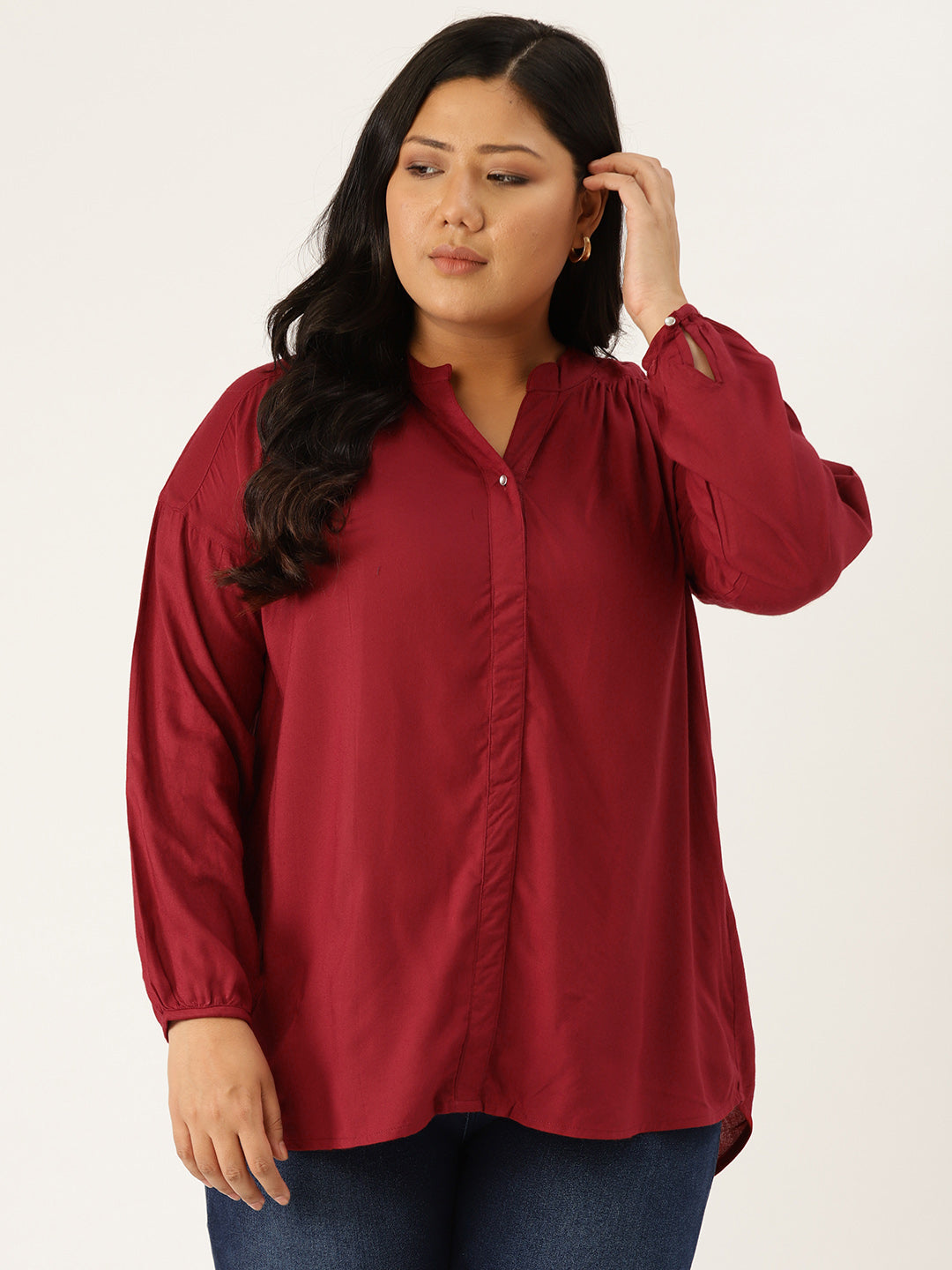 Plus Size Solid Color Gather Top