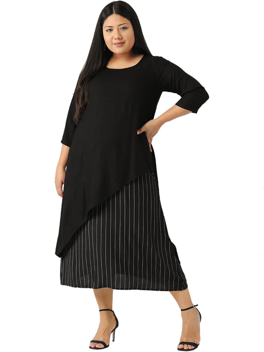 Women Plus Size Striped Layered A-Line Midi Dress