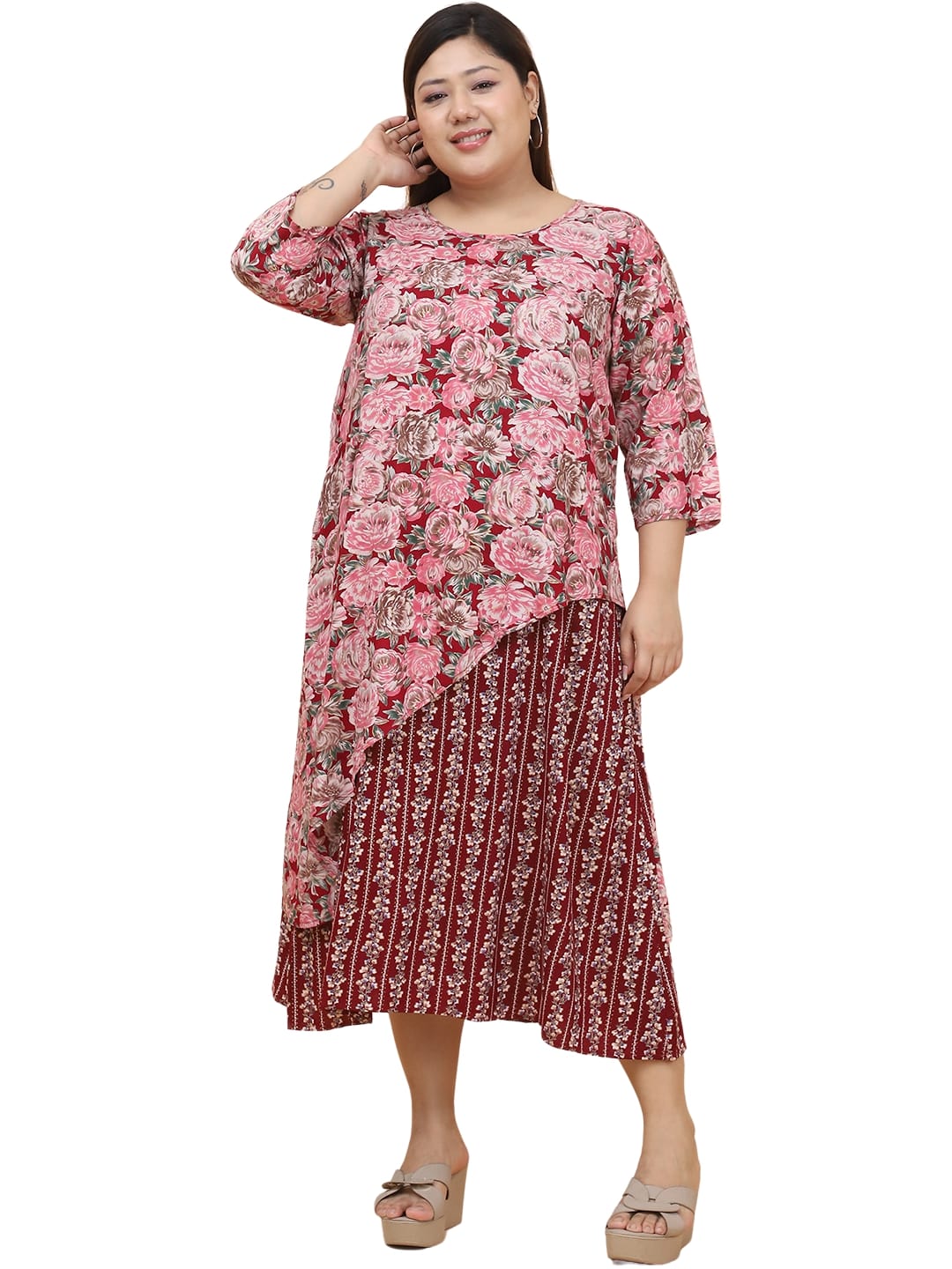 Women Plus Size Striped Layered A-Line Midi Dress