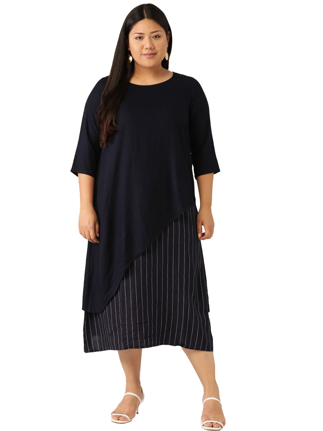 Women Plus Size Striped Layered A-Line Midi Dress