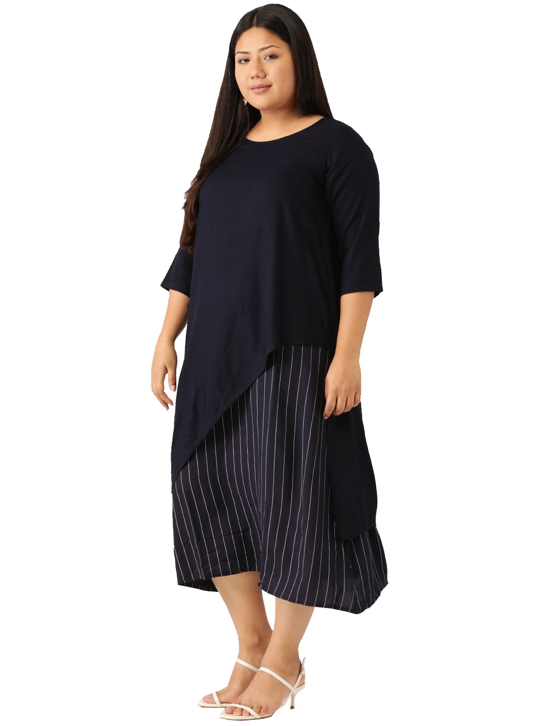Women Plus Size Striped Layered A-Line Midi Dress
