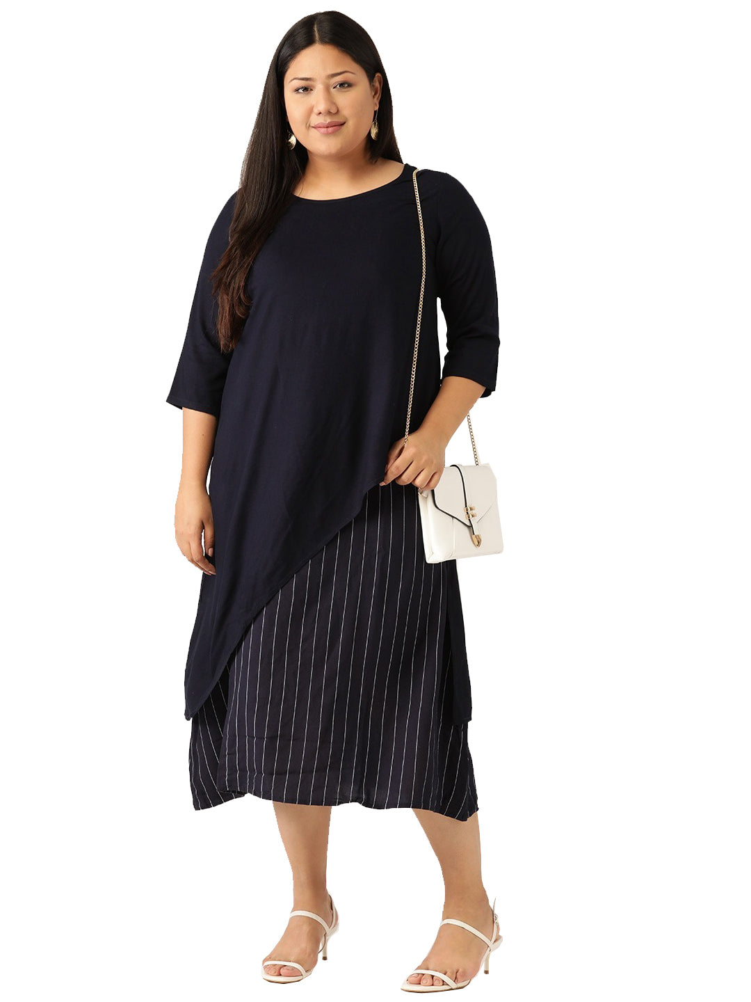 Women Plus Size Striped Layered A-Line Midi Dress