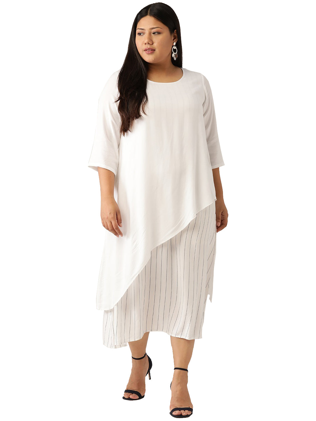 Women Plus Size Striped Layered A-Line Midi Dress