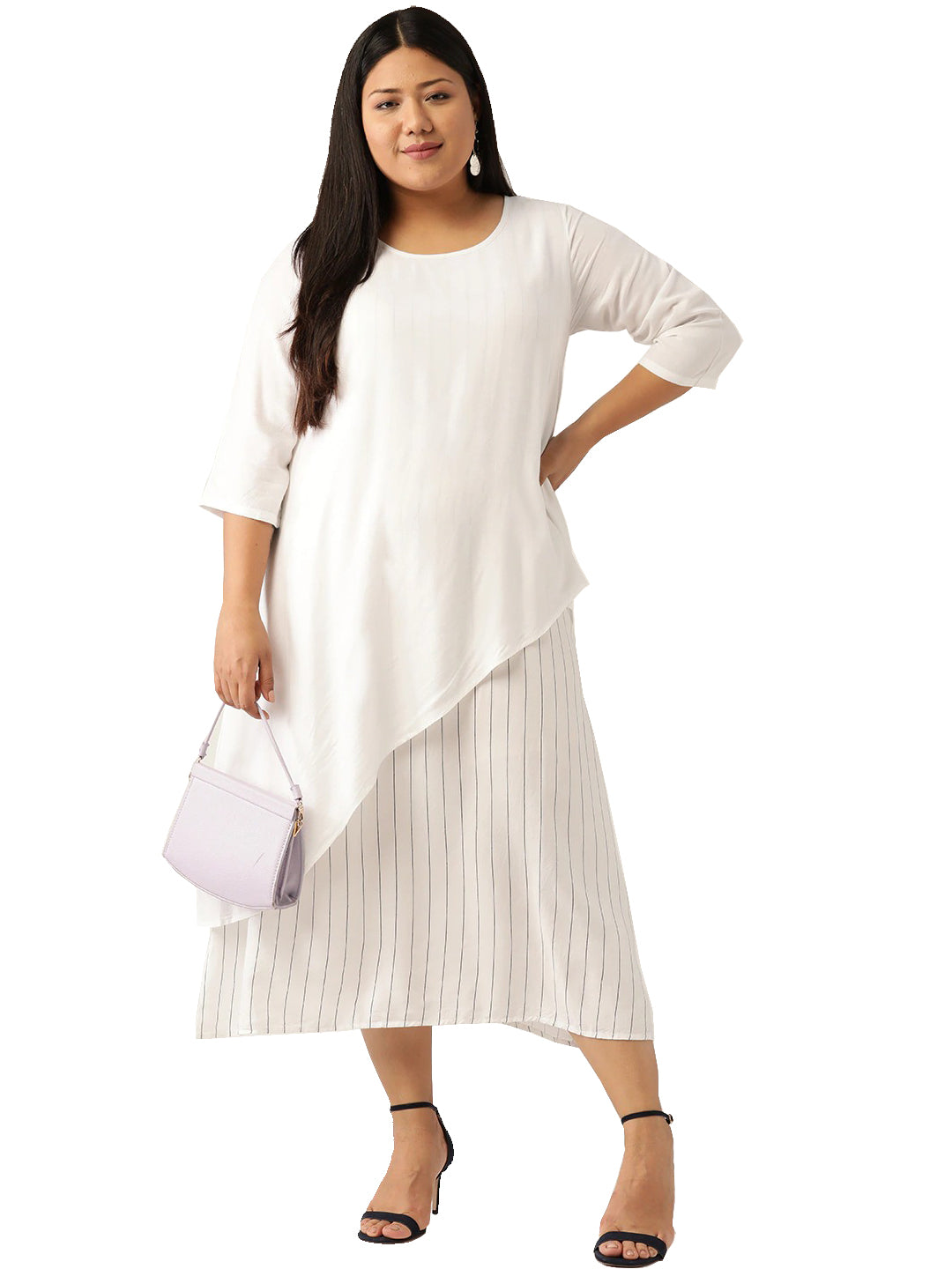 Women Plus Size Striped Layered A-Line Midi Dress