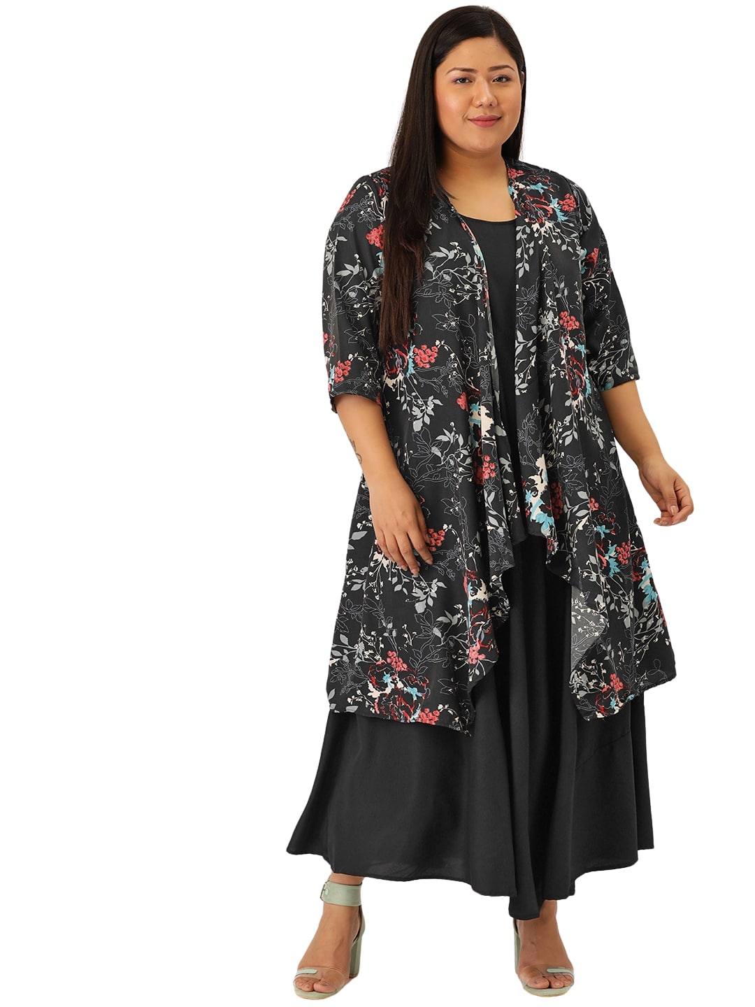 Women Plus Size Floral Printed Layered A-Line Maxi Dress