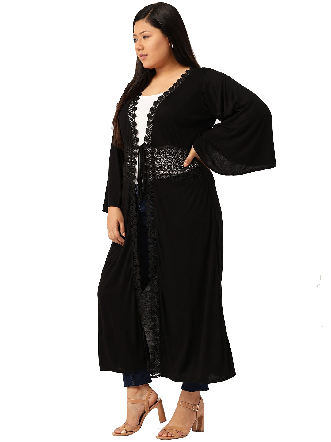 Plus Size Womens Solid Color Longline Tie-Up Shrug