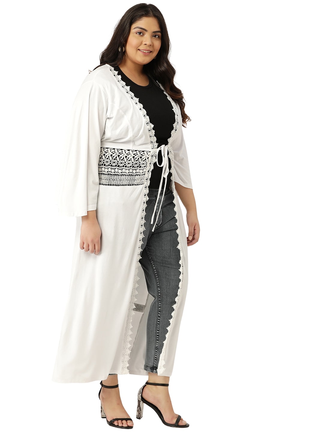 Plus Size Womens Solid Color Longline Tie-Up Shrug