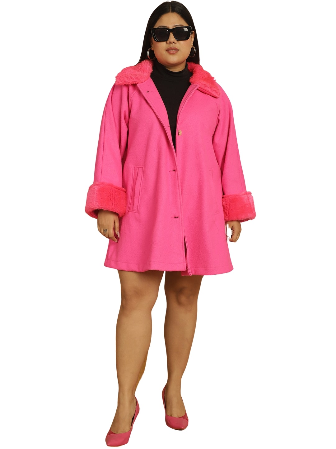 Women Plus Size Spread Collar with Faux Fur Overcoat Coat