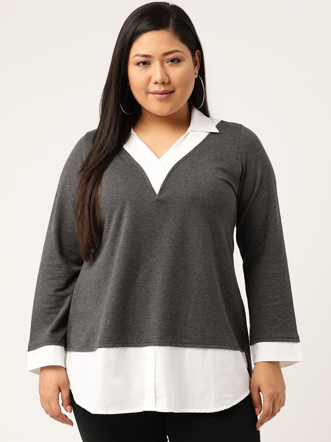 Women Colourblocked Cotton Shirt Style Plus Size Top