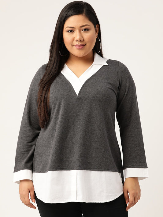 Women Colourblocked Cotton Shirt Style Plus Size Top