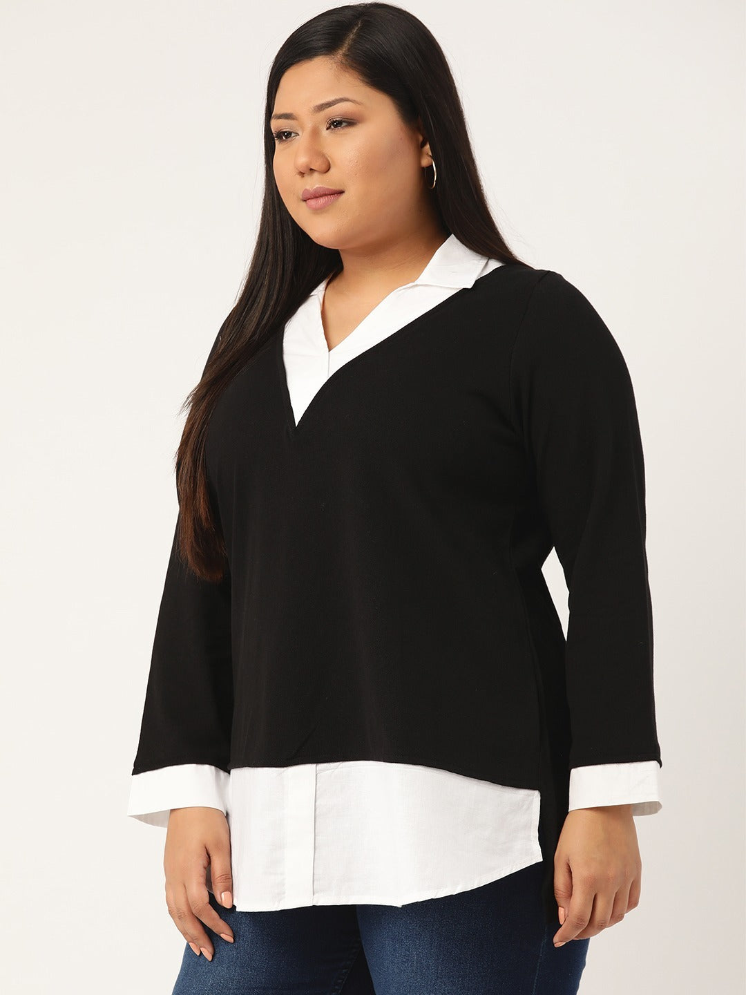 Plus Size Shirt Style Cotton Knitted Top