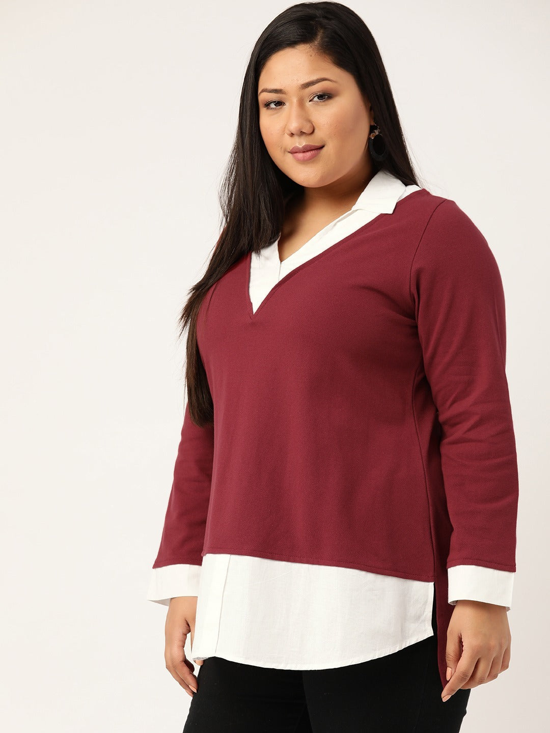 Plus Size Shirt Style Cotton Knitted Top