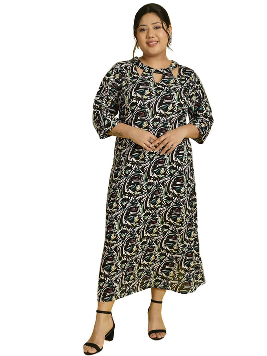 Women Floral Print A-Line Midi Dress Plus Size