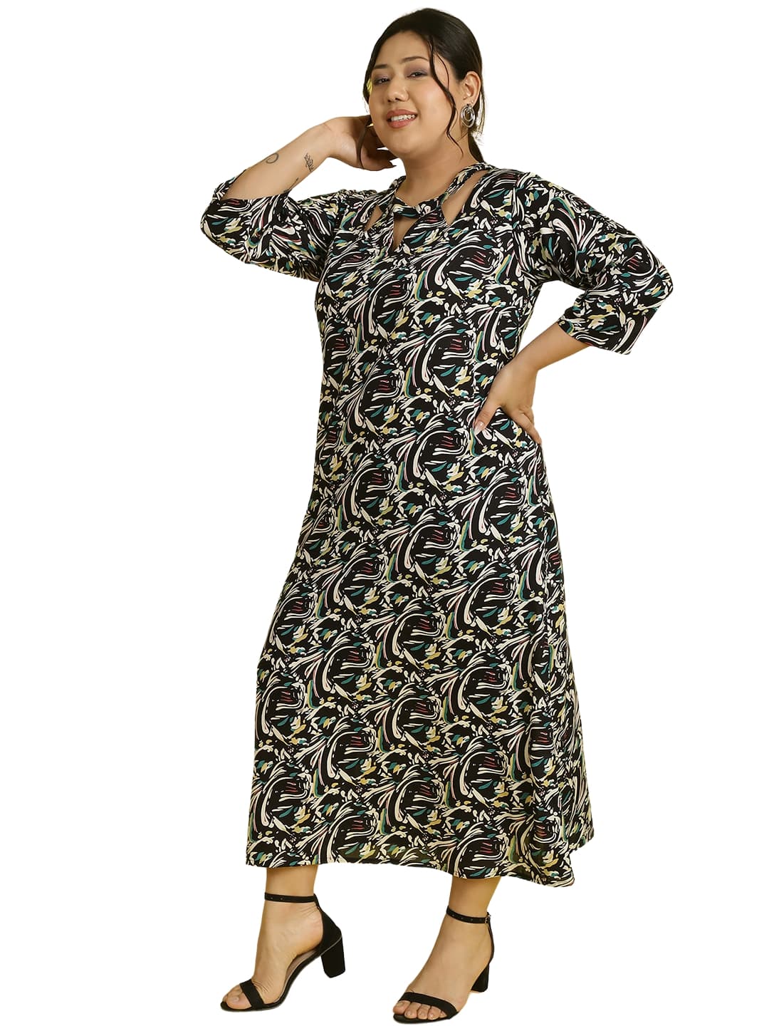 Women Floral Print A-Line Midi Dress Plus Size