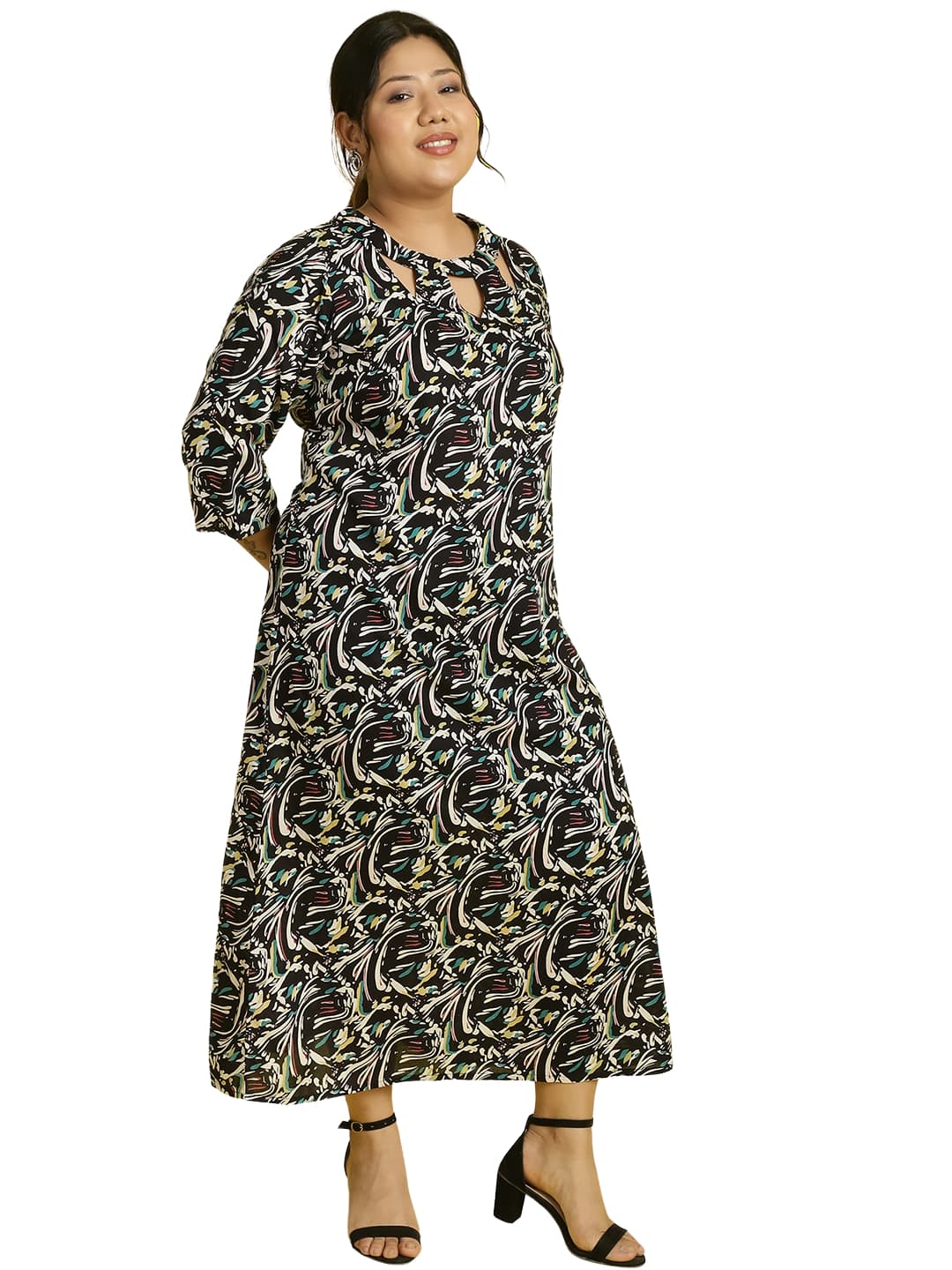 Women Floral Print A-Line Midi Dress Plus Size