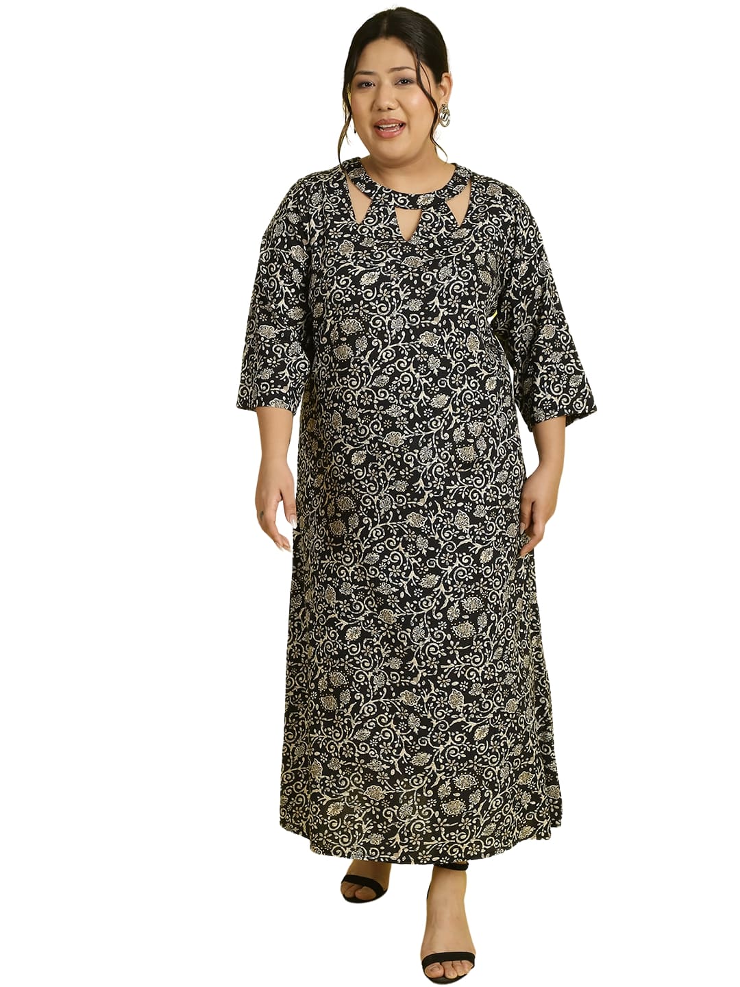 Women Floral Print A-Line Midi Dress Plus Size