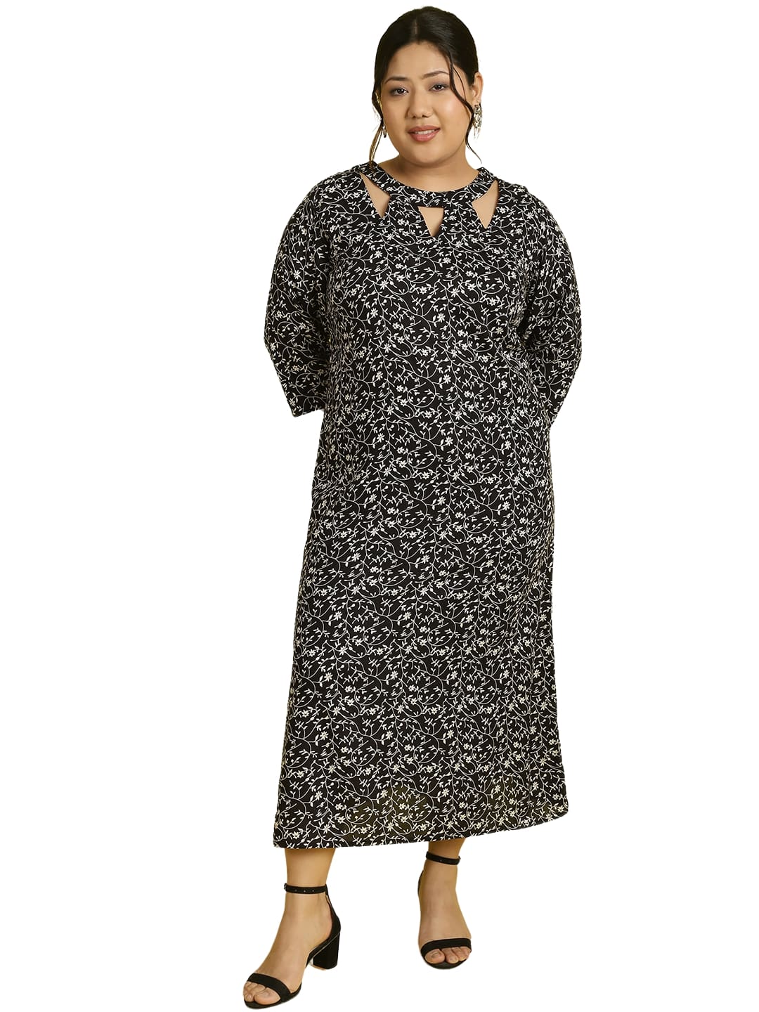 Women Floral Print A-Line Midi Dress Plus Size