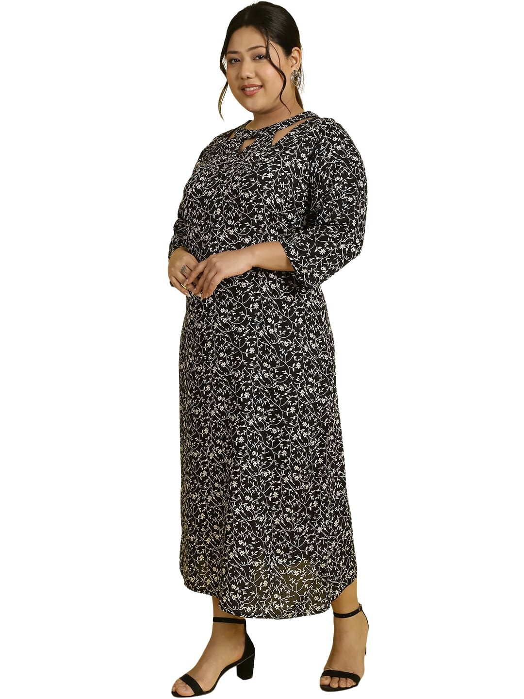 Women Floral Print A-Line Midi Dress Plus Size