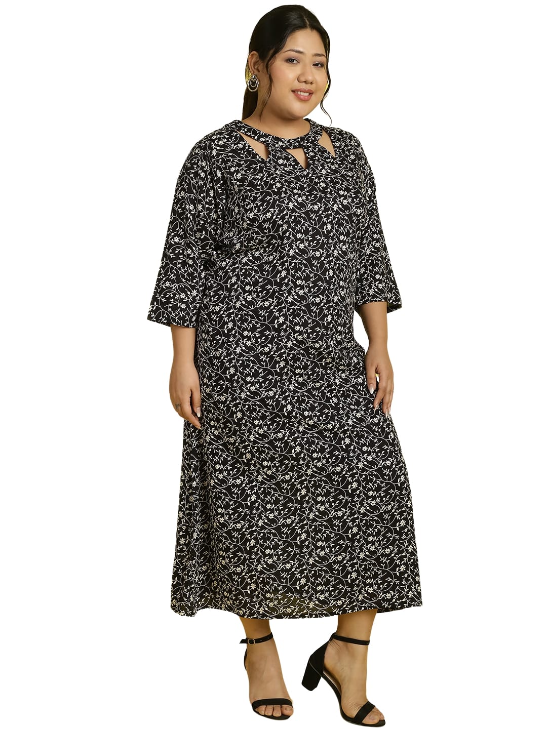 Women Floral Print A-Line Midi Dress Plus Size