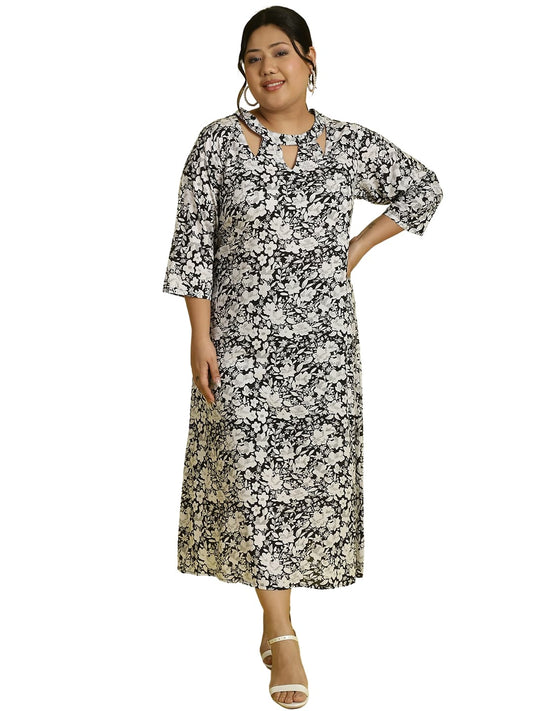 Women Floral Print A-Line Midi Dress Plus Size