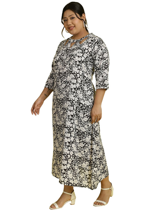 Women Floral Print A-Line Midi Dress Plus Size