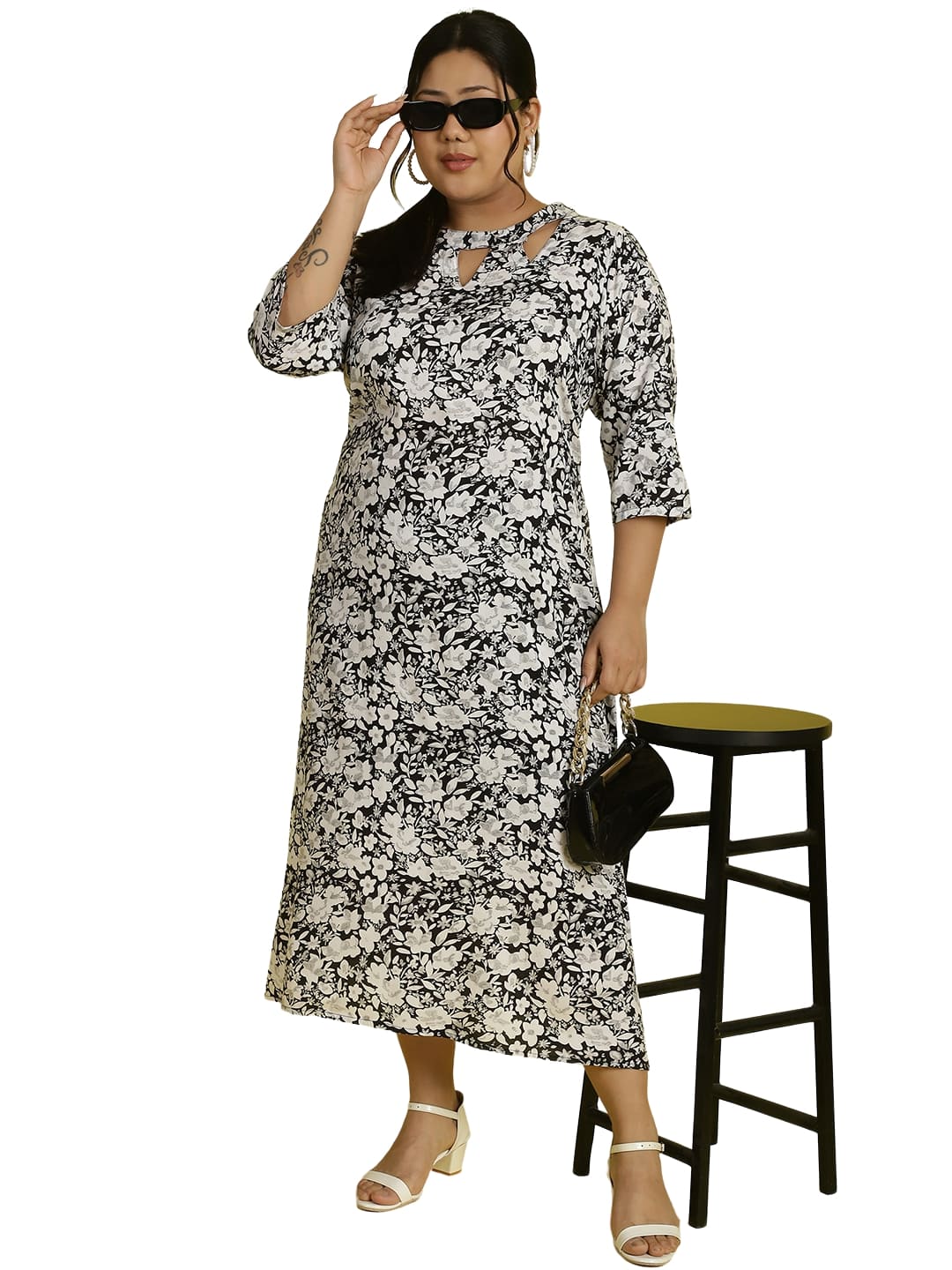 Women Floral Print A-Line Midi Dress Plus Size