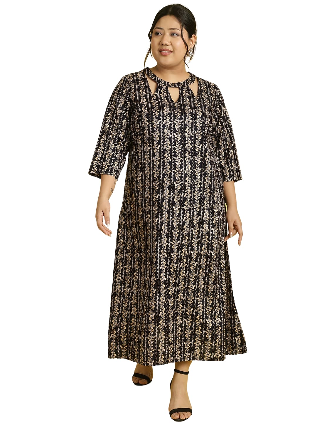 Women Floral Print A-Line Midi Dress Plus Size
