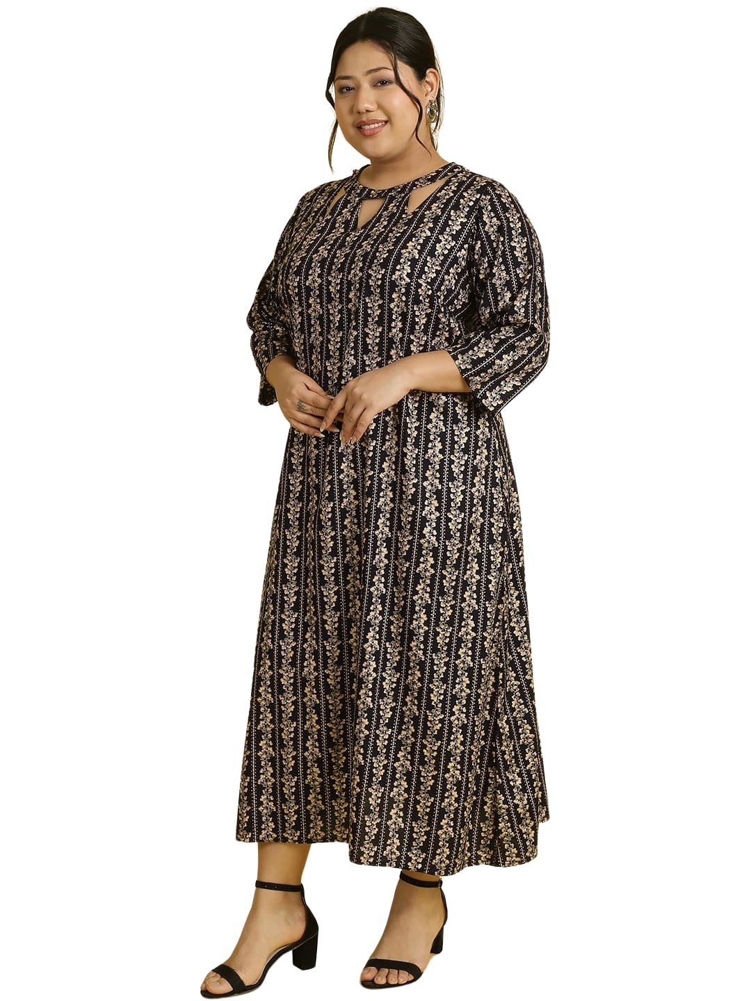 Women Floral Print A-Line Midi Dress Plus Size