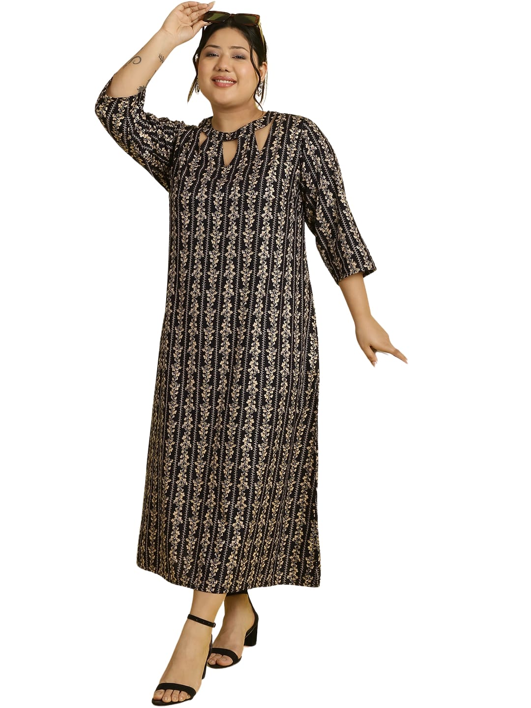 Women Floral Print A-Line Midi Dress Plus Size