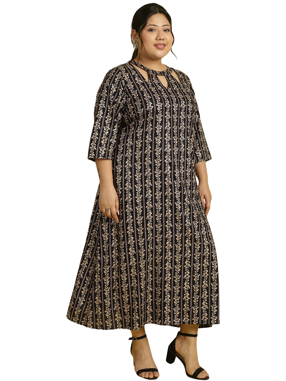 Women Floral Print A-Line Midi Dress Plus Size