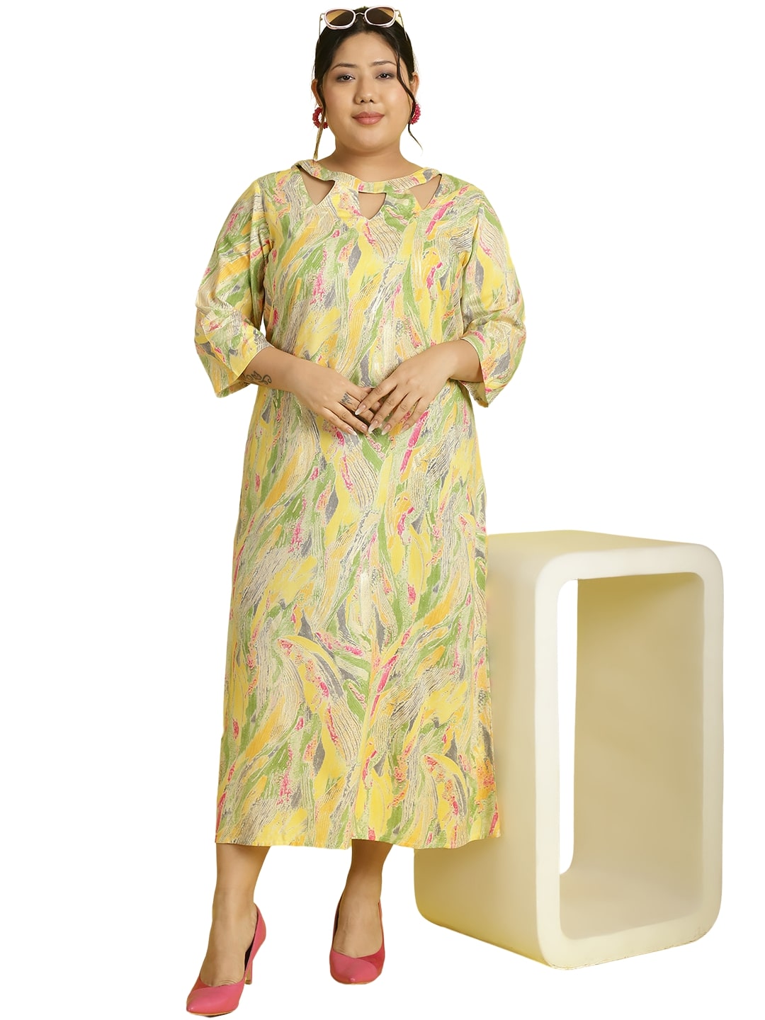 Women Floral Print A-Line Midi Dress Plus Size