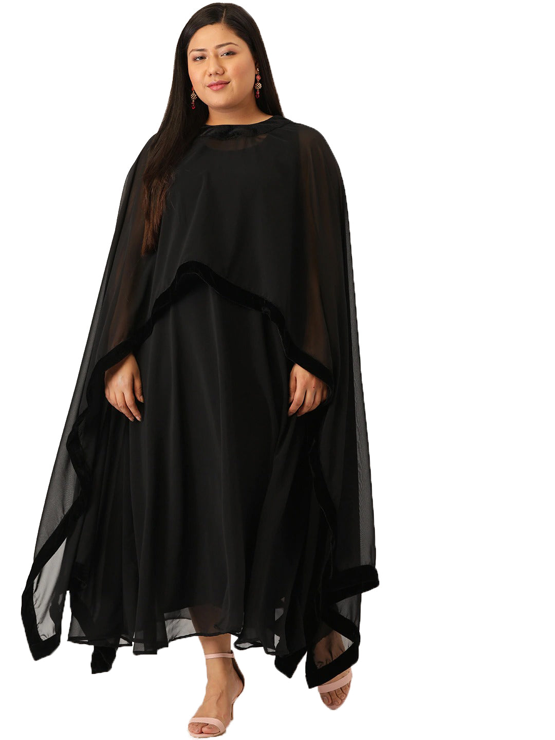 Women Georgette A-Line Midi Dress With Poncho Shrug