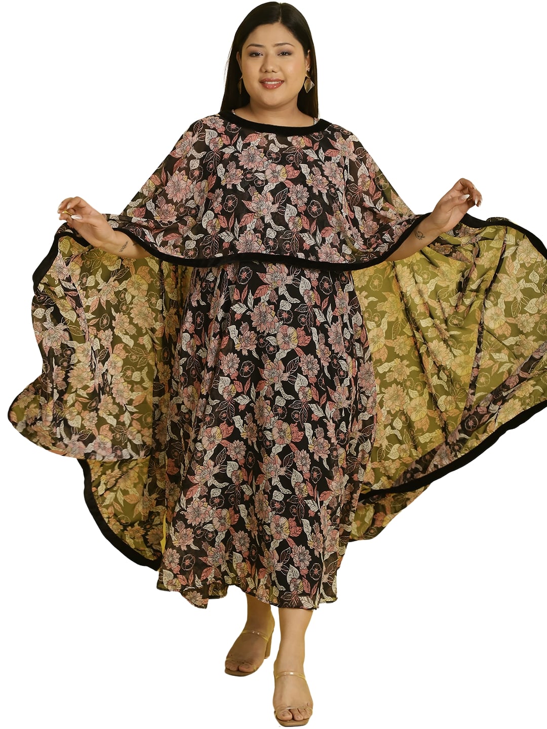 Women Georgette A-Line Midi Dress With Poncho Shrug