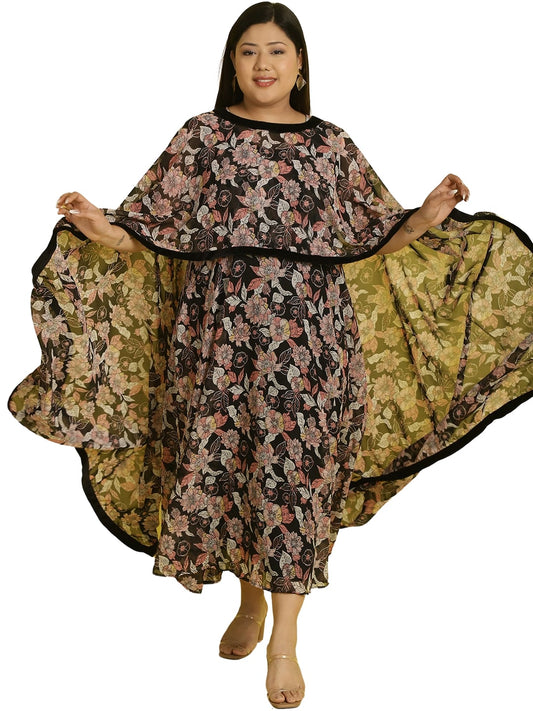 Women Georgette A-Line Midi Dress With Poncho Shrug
