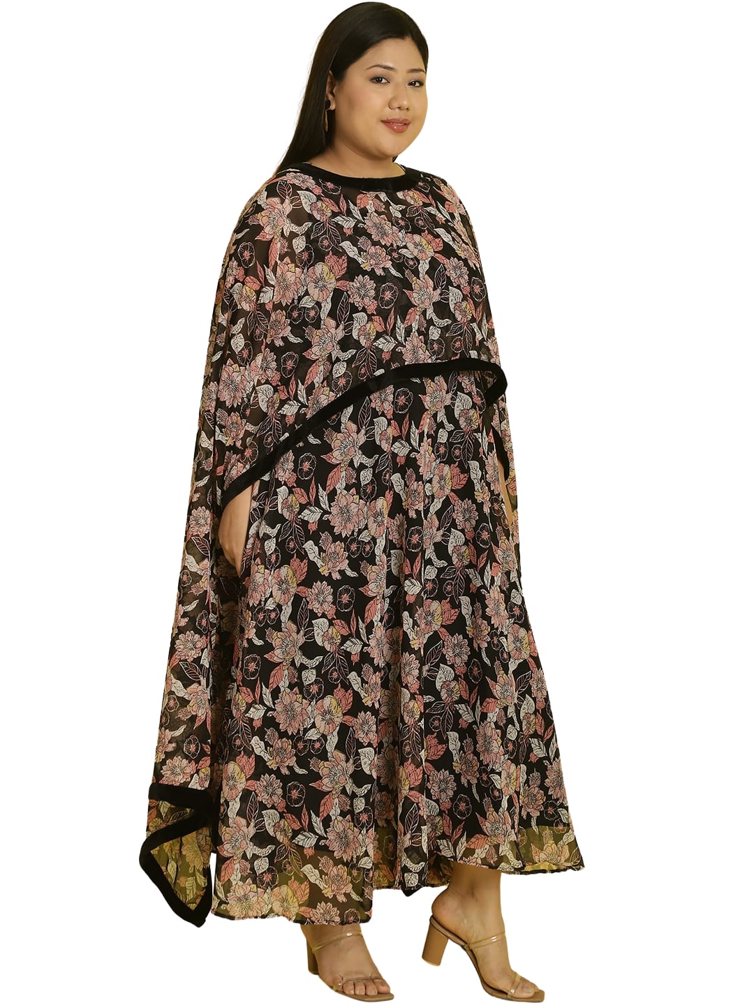 Women Georgette A-Line Midi Dress With Poncho Shrug