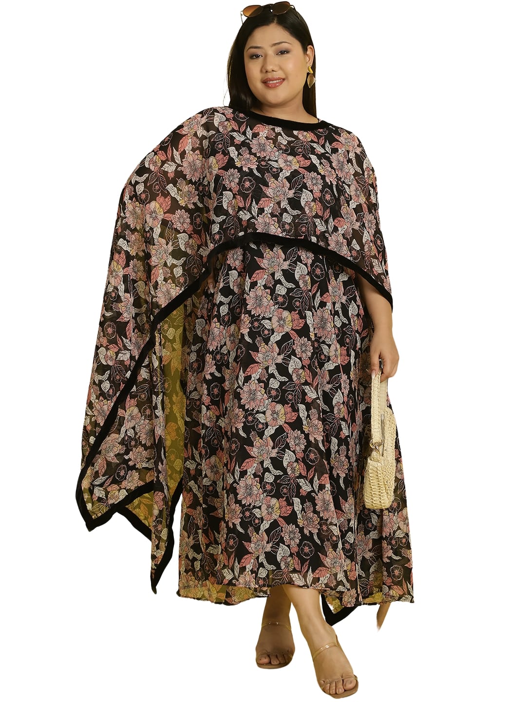 Women Georgette A-Line Midi Dress With Poncho Shrug
