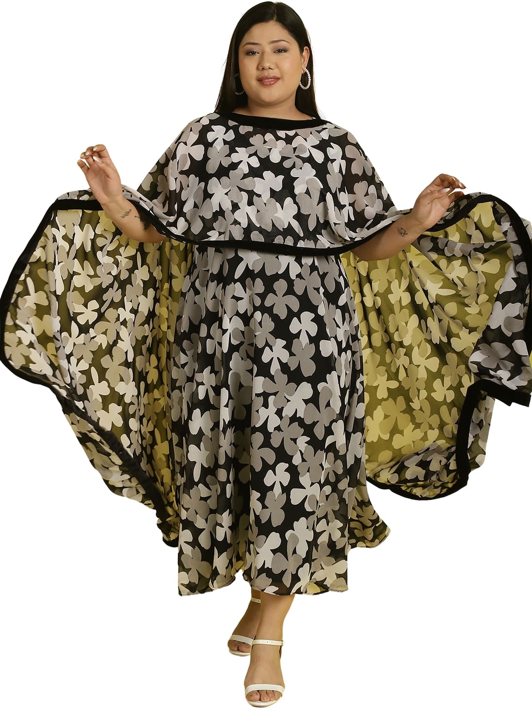 Women Georgette A-Line Midi Dress With Poncho Shrug