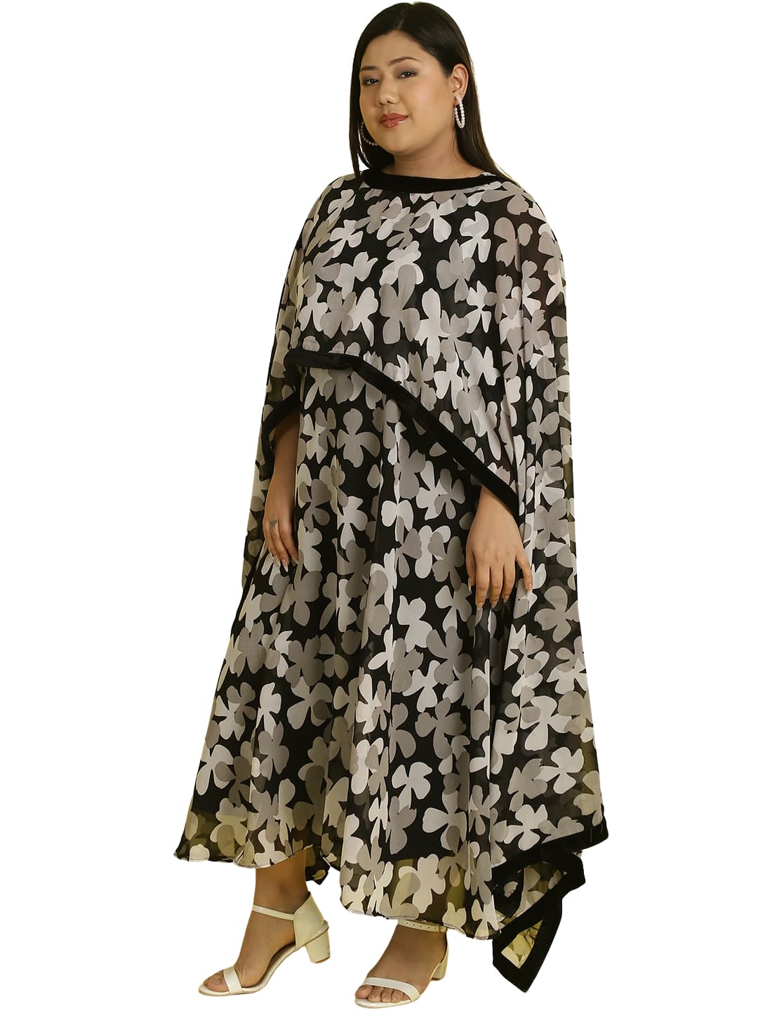 Women Georgette A-Line Midi Dress With Poncho Shrug