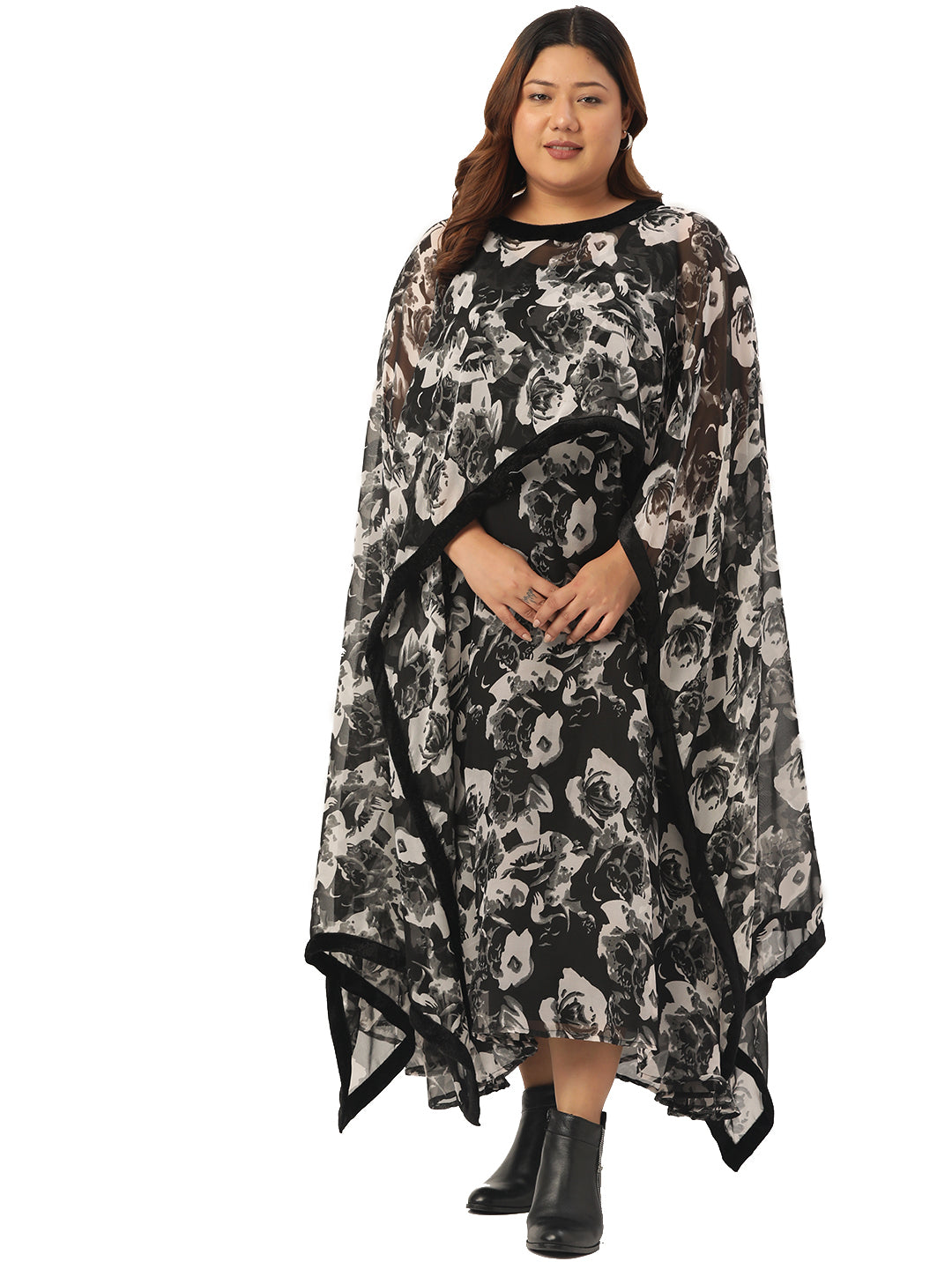 Women Georgette A-Line Midi Dress With Poncho Shrug