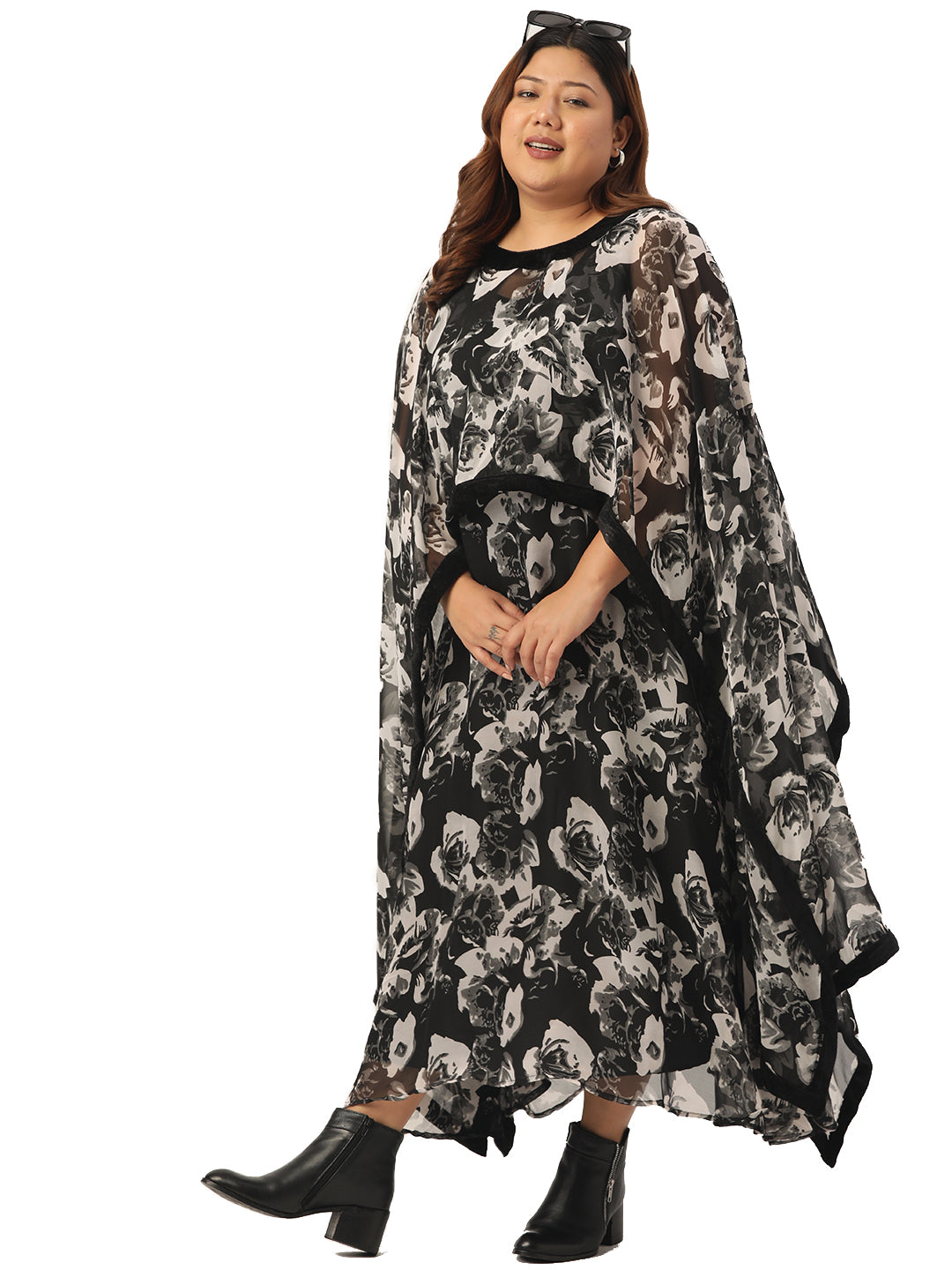 Women Georgette A-Line Midi Dress With Poncho Shrug