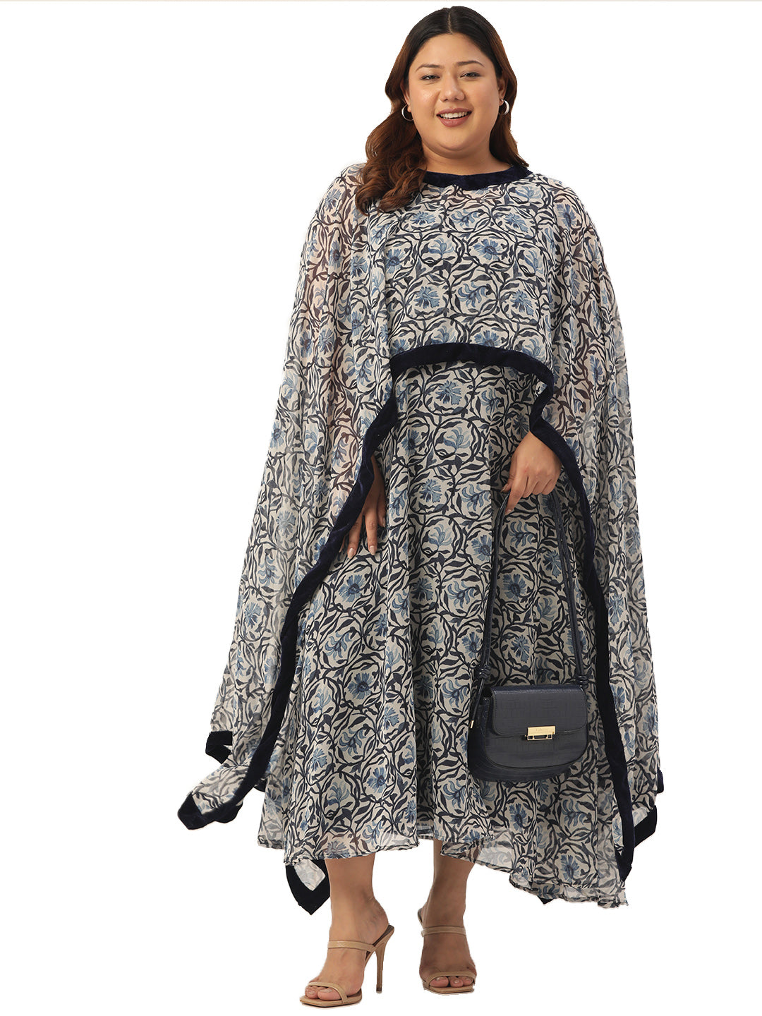 Women Georgette A-Line Midi Dress With Poncho Shrug