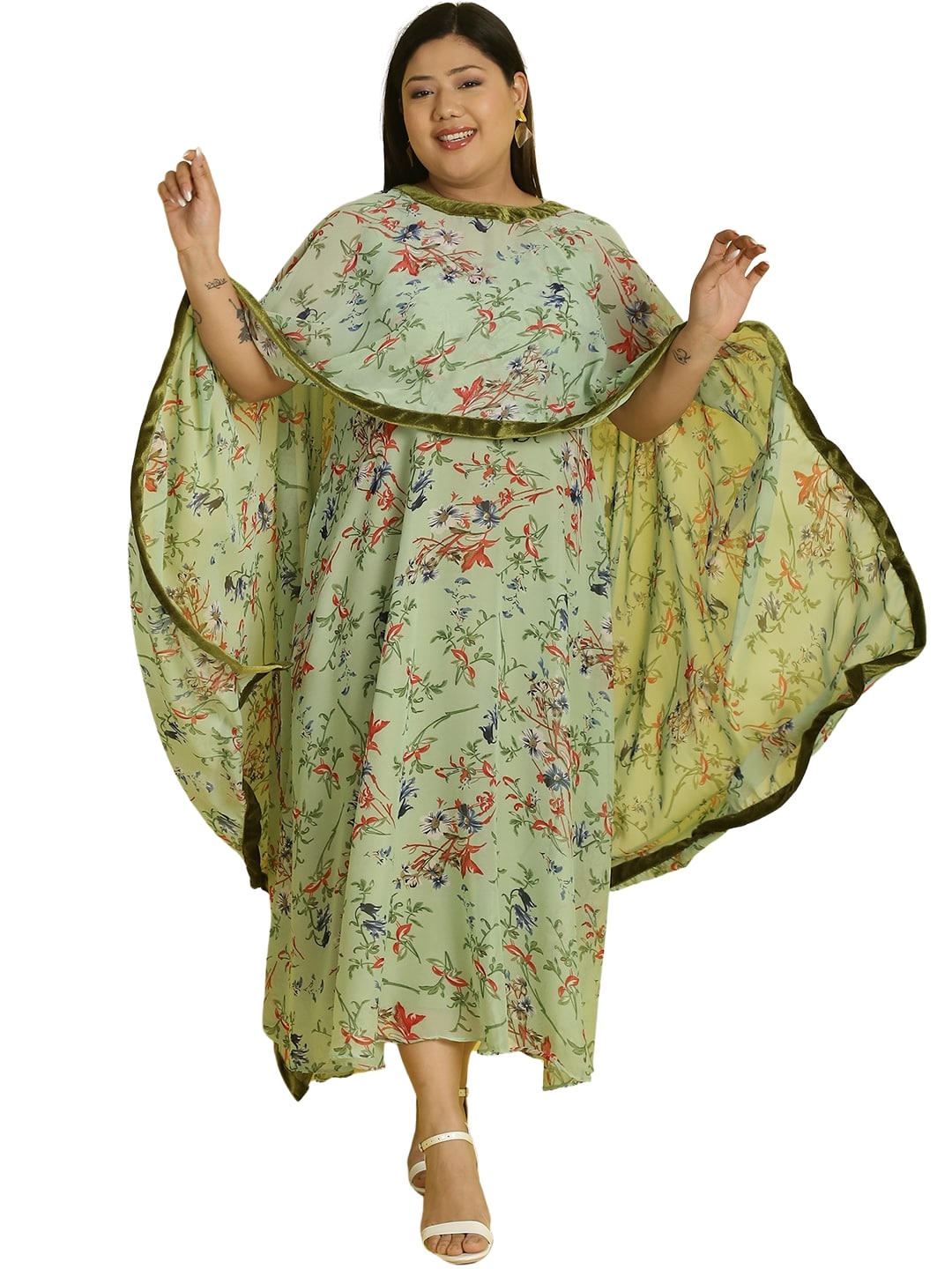 Women Georgette A-Line Midi Dress With Poncho Shrug