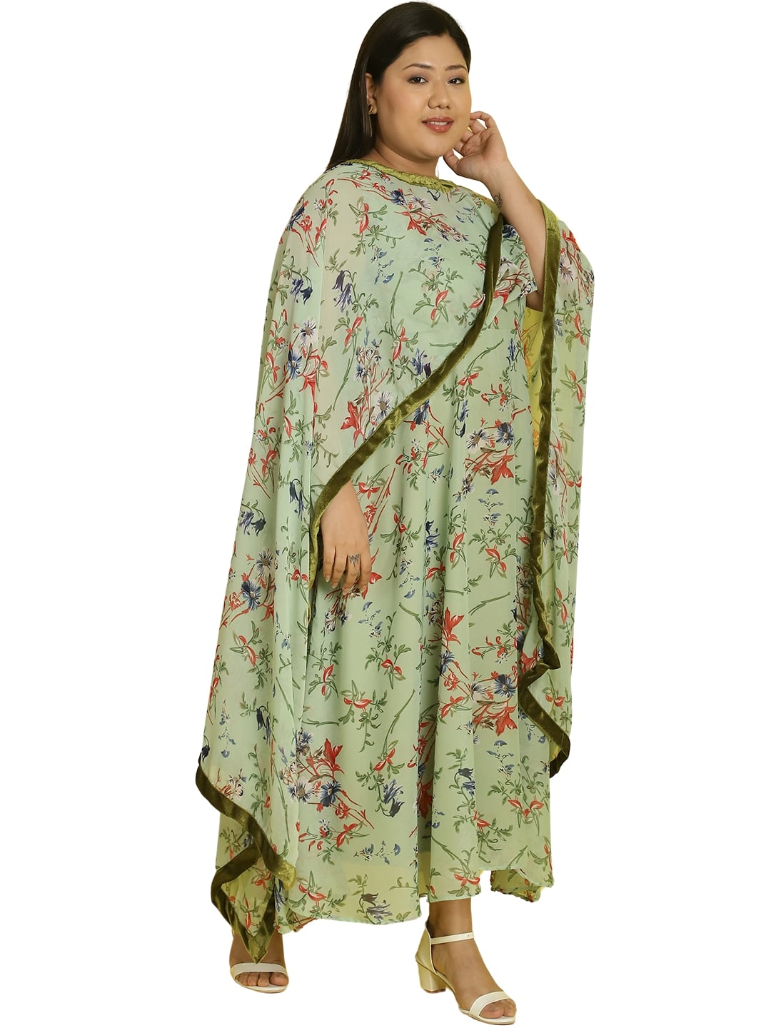 Women Georgette A-Line Midi Dress With Poncho Shrug