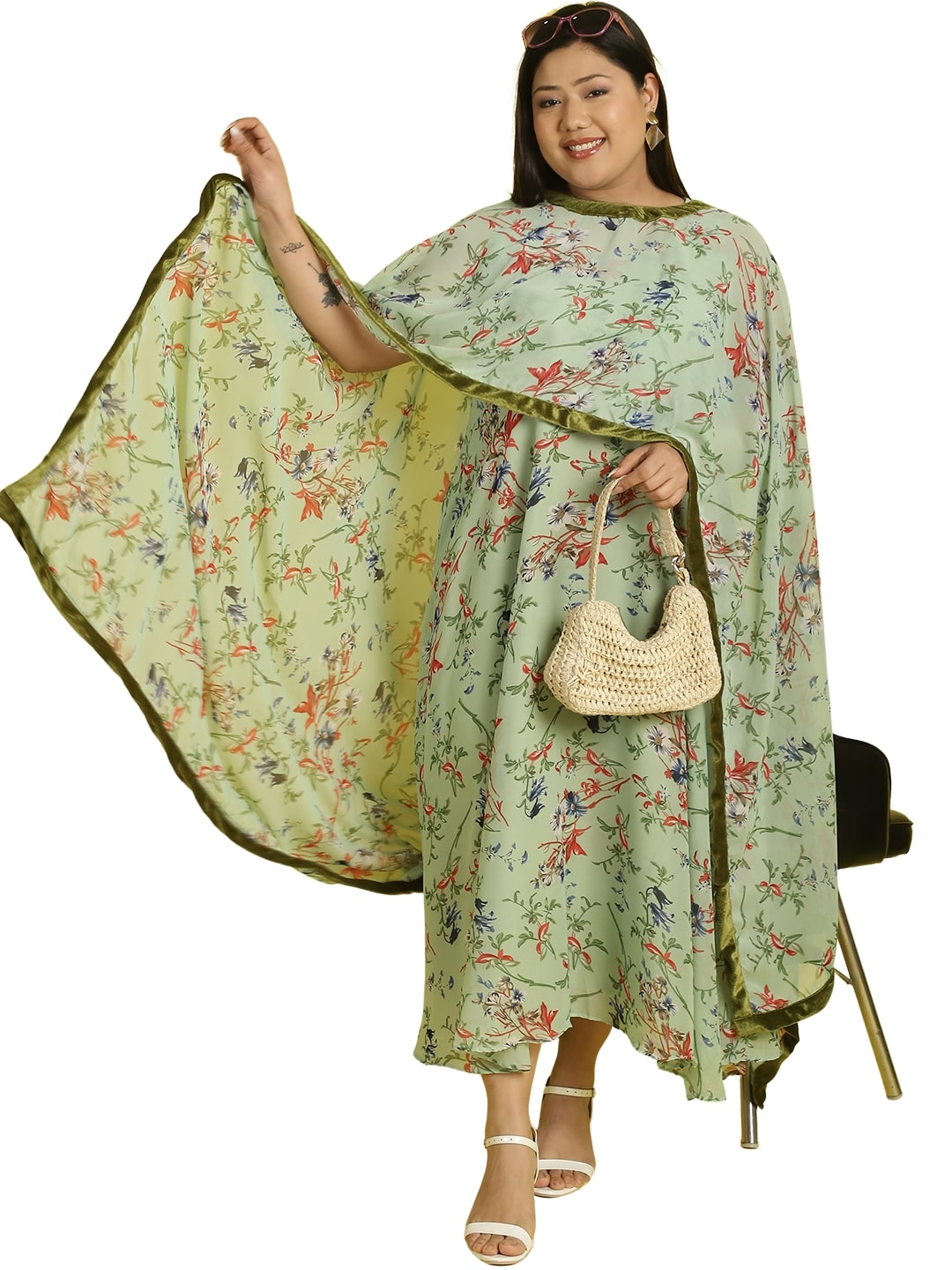 Women Georgette A-Line Midi Dress With Poncho Shrug