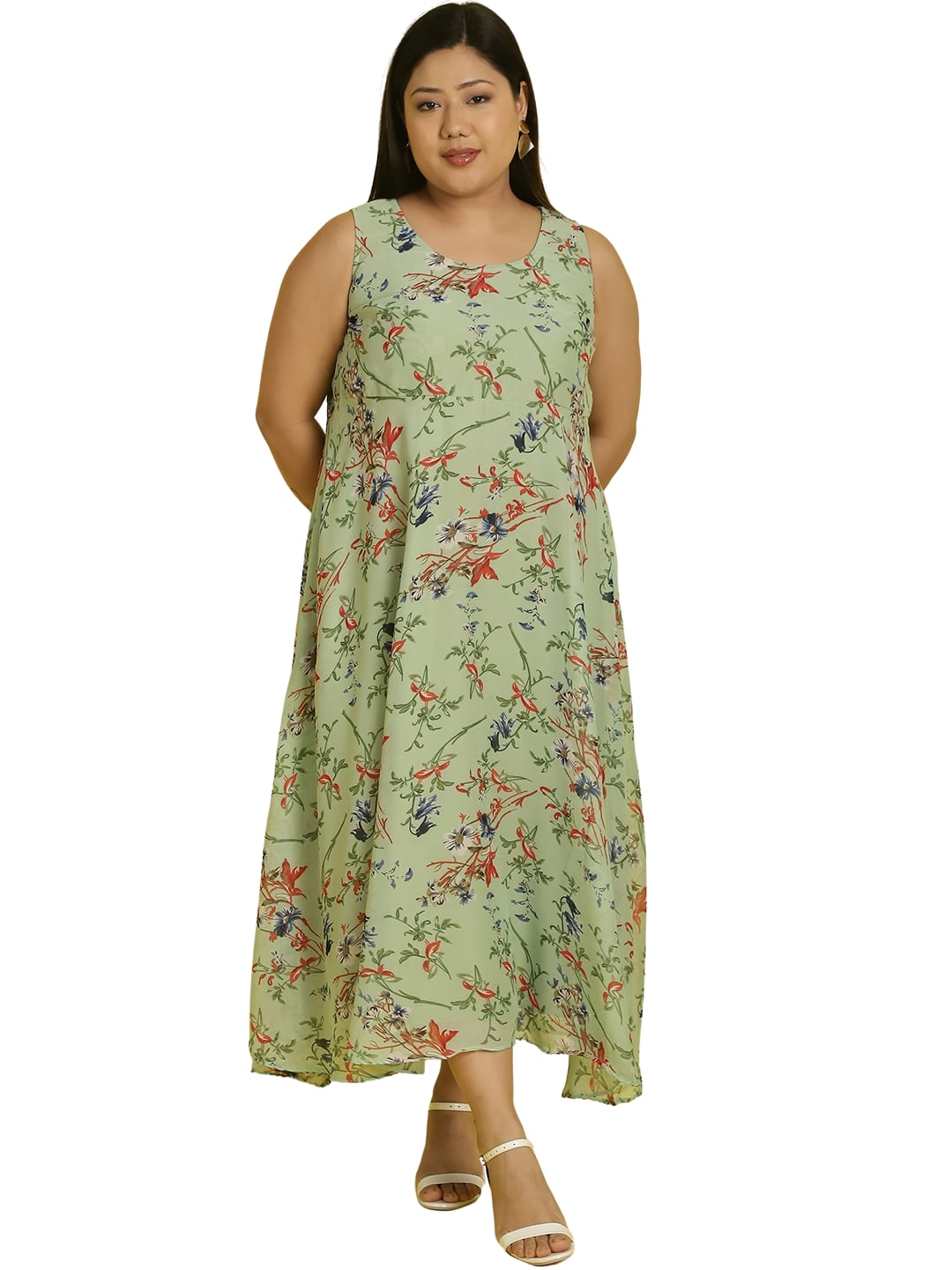 Women Georgette A-Line Midi Dress With Poncho Shrug